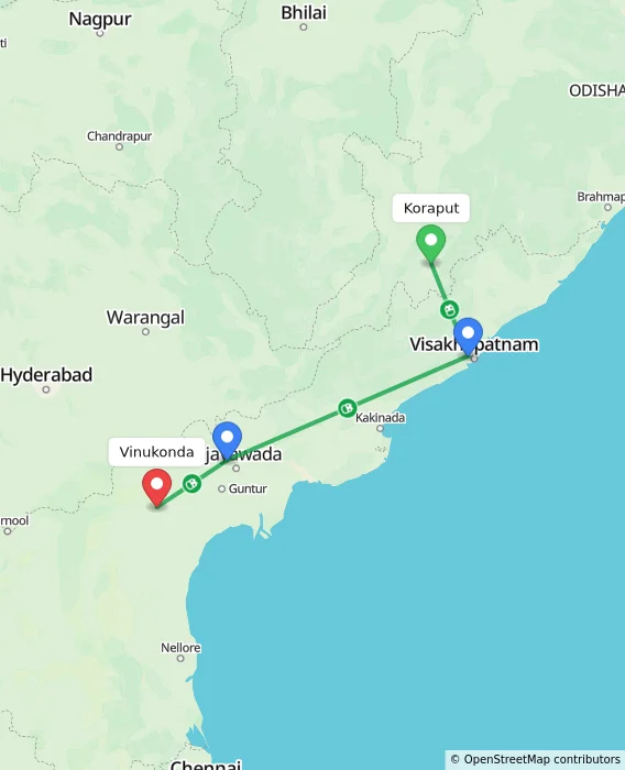 Route map showing distance and travel time from Koraput, India to Vinukonda, India