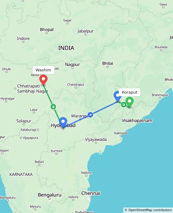 Route map showing distance and travel time from Koraput, India to Washim, India
