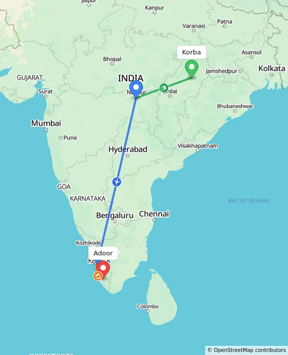 Route map showing distance and travel time from Korba, India to Adoor, India