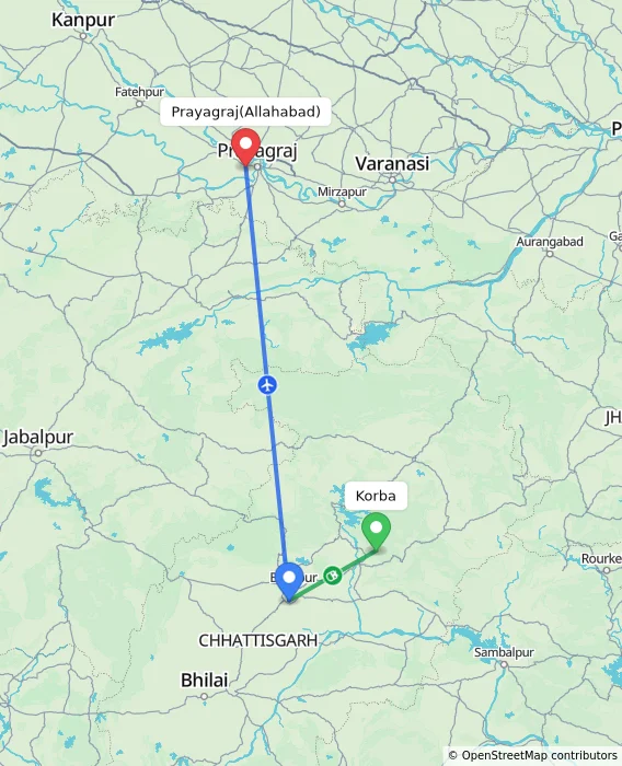 Route map showing distance and travel time from Korba, India to Allahabad, India