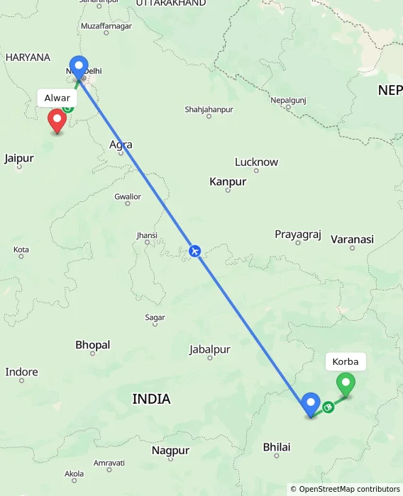 Route map showing distance and travel time from Korba, India to Alwar, India
