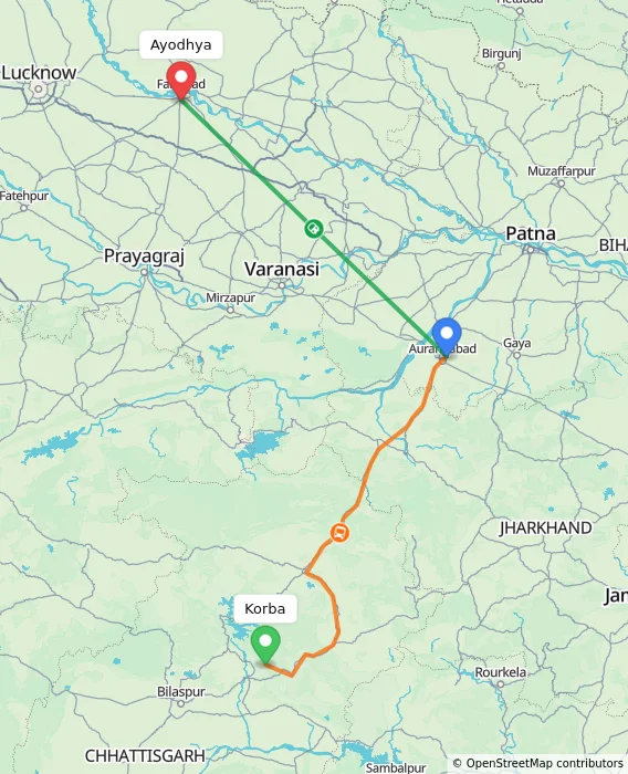 Route map showing distance and travel time from Korba, India to Ayodhya, India