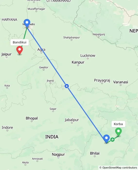 Route map showing distance and travel time from Korba, India to Bandikui, India