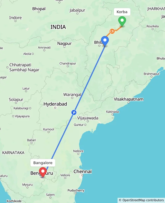 Route map showing distance and travel time from Korba, India to Bangalore, India