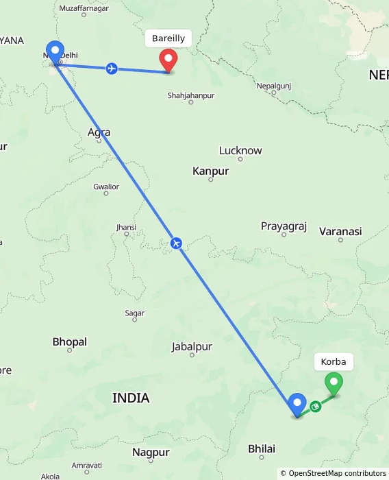 Route map showing distance and travel time from Korba, India to Bareilly, India