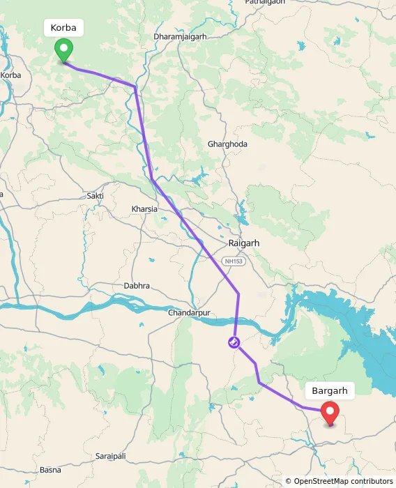 Route map showing distance and travel time from Korba, India to Bargarh, India