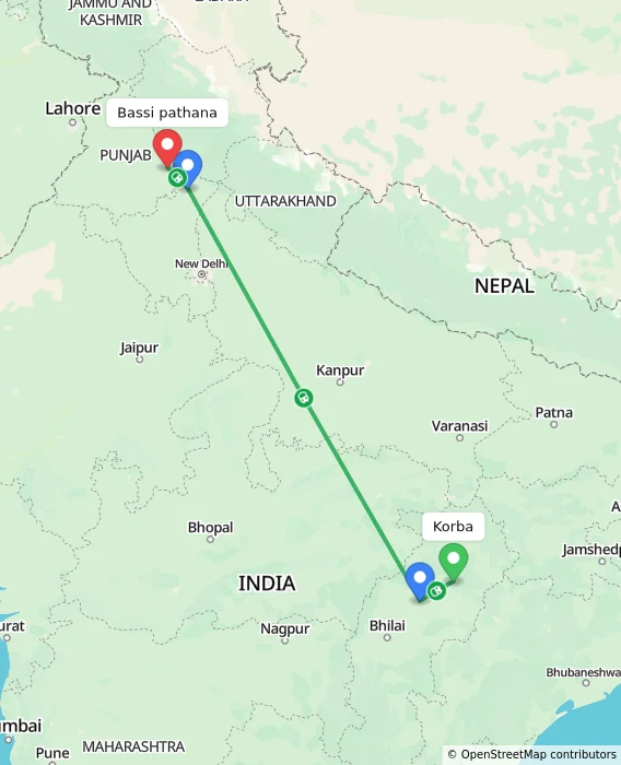 Route map showing distance and travel time from Korba, India to Bassi pathana, India
