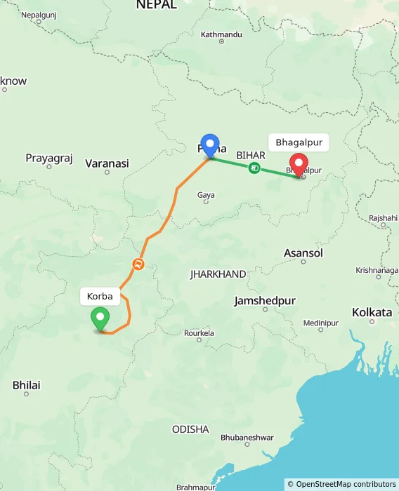 Route map showing distance and travel time from Korba, India to Bhagalpur, India