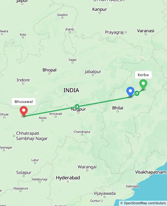 Route map showing distance and travel time from Korba, India to Bhusawal, India