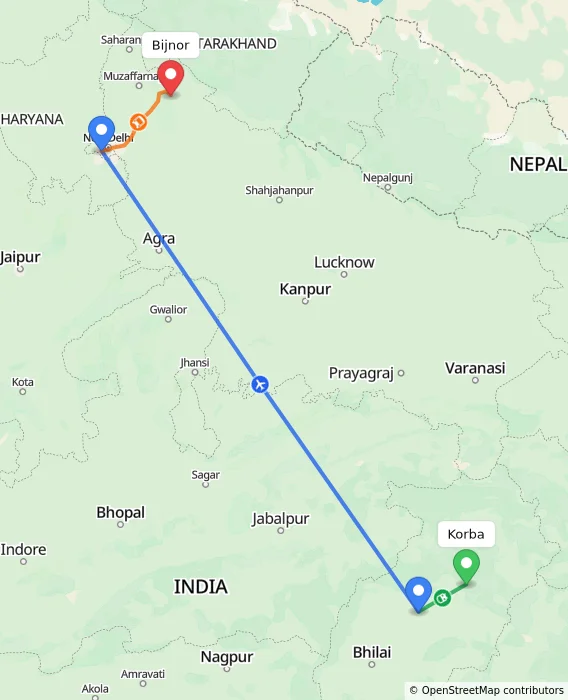 Route map showing distance and travel time from Korba, India to Bijnor, India
