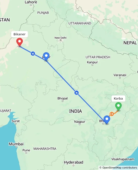 Route map showing distance and travel time from Korba, India to Bikaner, India