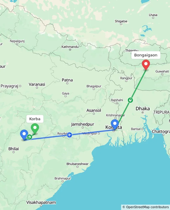 Route map showing distance and travel time from Korba, India to Bongaigaon, India