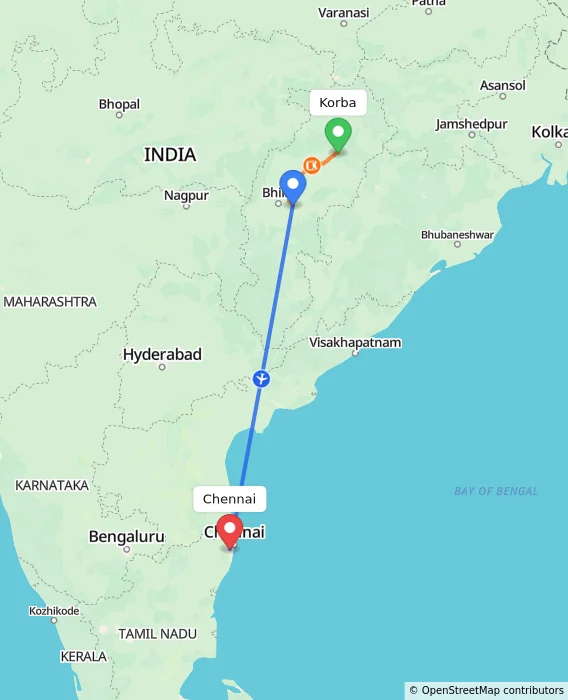Route map showing distance and travel time from Korba, India to Chennai, India