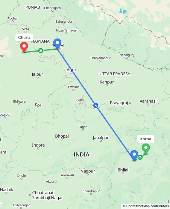Route map showing distance and travel time from Korba, India to Churu, India