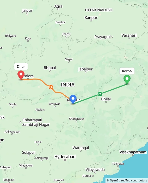 Route map showing distance and travel time from Korba, India to Dhar, India