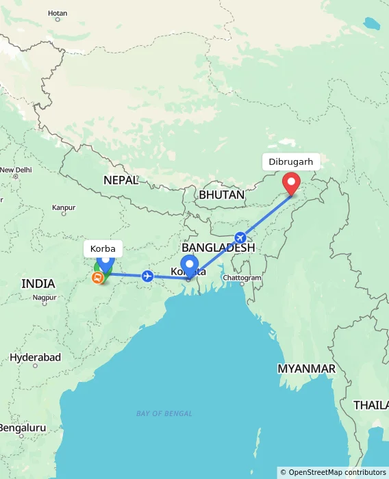 Route map showing distance and travel time from Korba, India to Dibrugarh, India