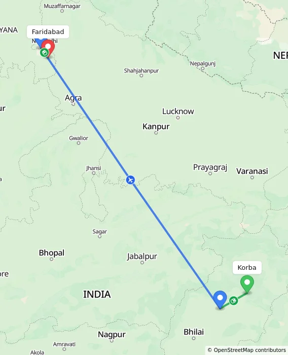 Route map showing distance and travel time from Korba, India to Faridabad, India
