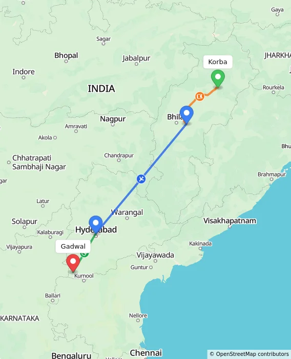 Route map showing distance and travel time from Korba, India to Gadwal, India