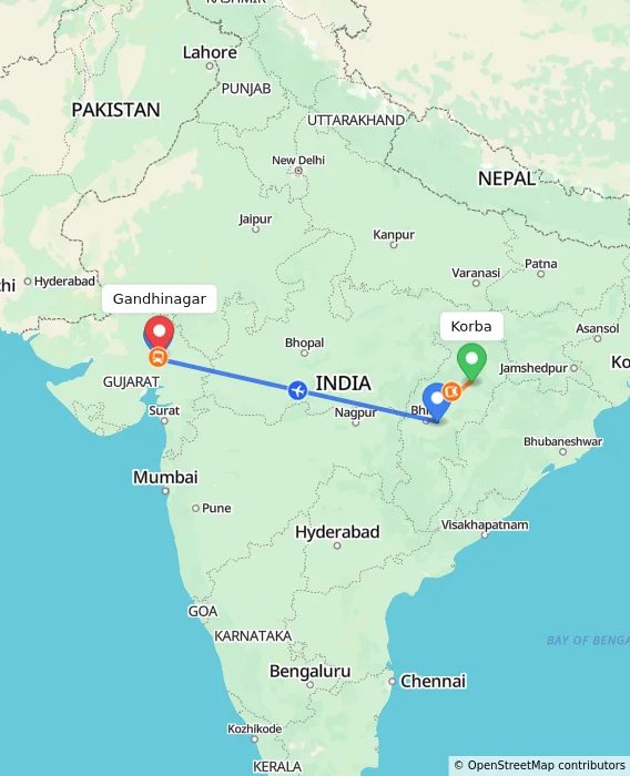 Route map showing distance and travel time from Korba, India to Gandhinagar, India