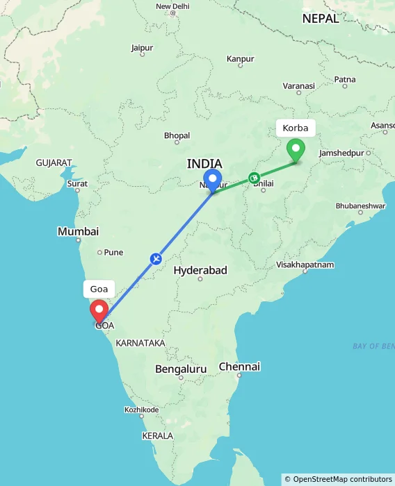 Route map showing distance and travel time from Korba, India to Goa, India
