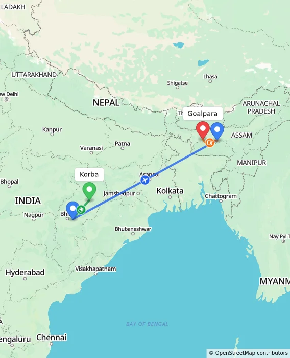 Route map showing distance and travel time from Korba, India to Goalpara, India