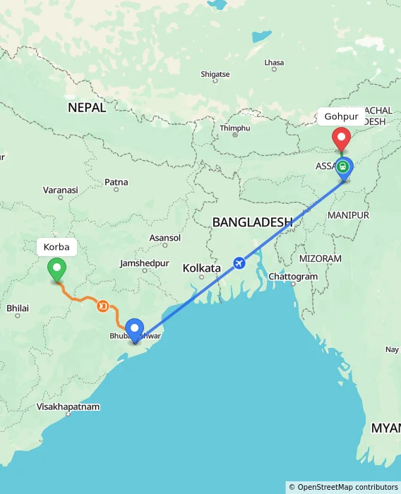 Route map showing distance and travel time from Korba, India to Gohpur, India