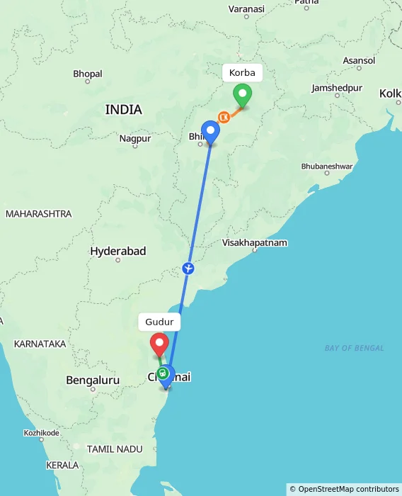 Route map showing distance and travel time from Korba, India to Gudur, India