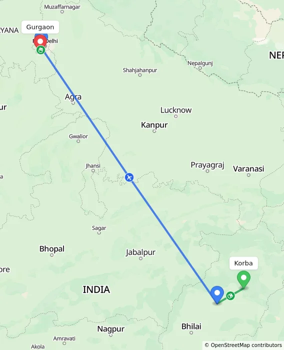 Route map showing distance and travel time from Korba, India to Gurgaon, India