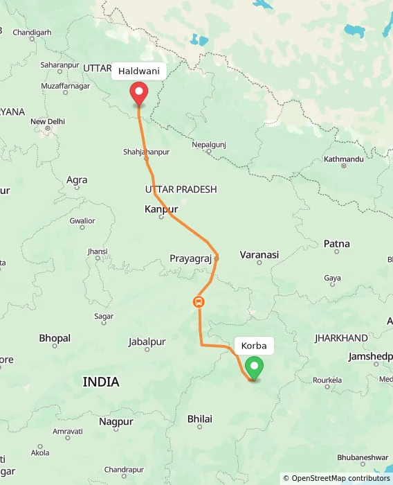 Route map showing distance and travel time from Korba, India to Haldwani, India