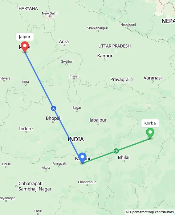 Route map showing distance and travel time from Korba, India to Jaipur, India