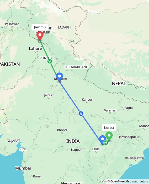 Route map showing distance and travel time from Korba, India to Jammu, India