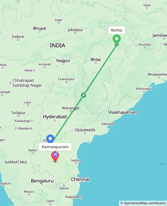 Route map showing distance and travel time from Korba, India to Kamalapuram, India