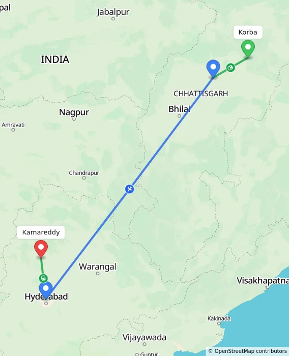 Route map showing distance and travel time from Korba, India to Kamareddy, India