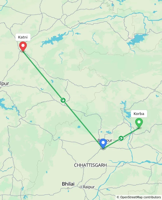 Route map showing distance and travel time from Korba, India to Katni, India