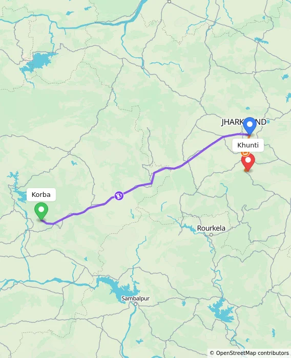Route map showing distance and travel time from Korba, India to Khunti, India