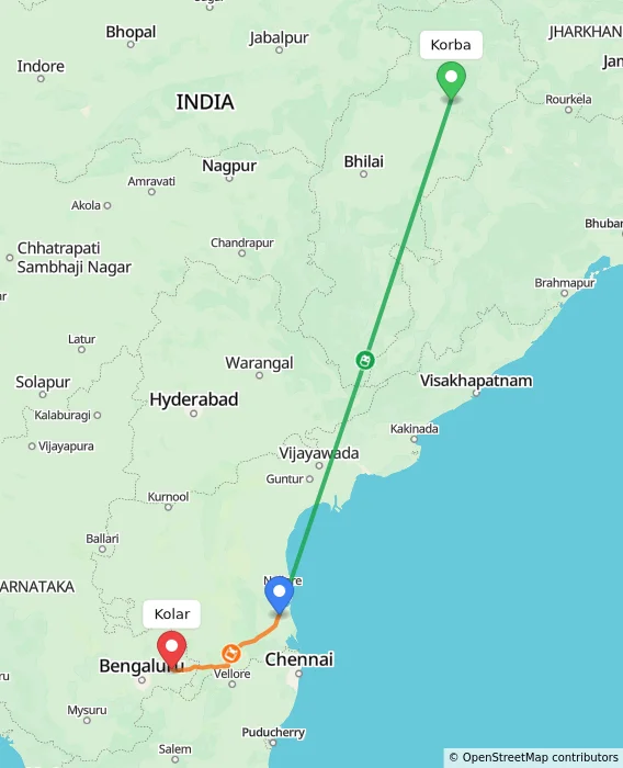Route map showing distance and travel time from Korba, India to Kolar, India