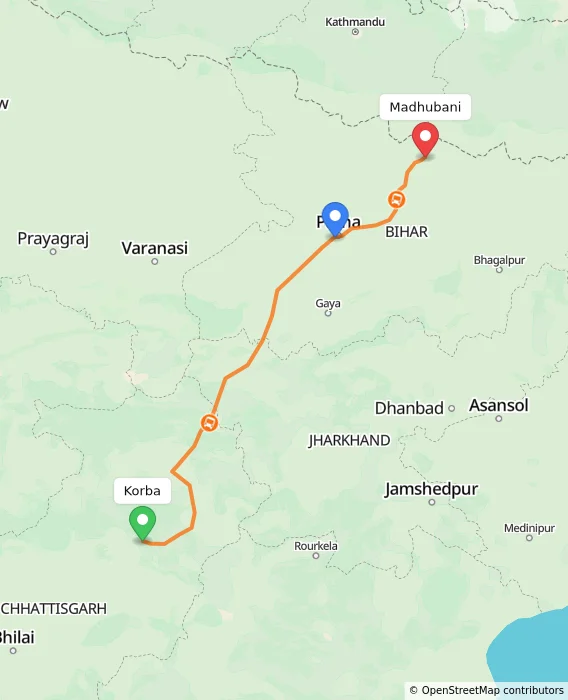 Route map showing distance and travel time from Korba, India to Madhubani, India