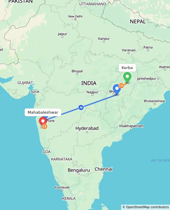 Route map showing distance and travel time from Korba, India to Mahabaleshwar, India