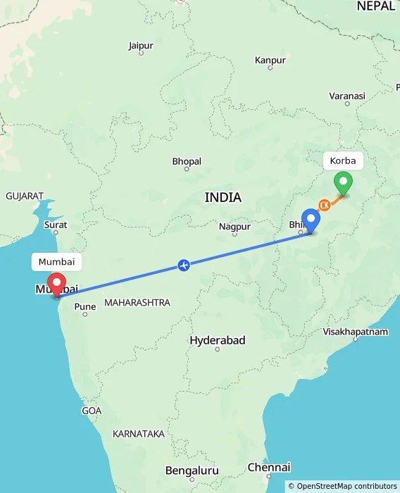Route map showing distance and travel time from Korba, India to Mumbai, India