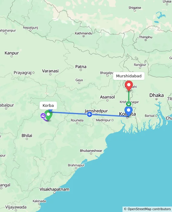 Route map showing distance and travel time from Korba, India to Murshidabad, India