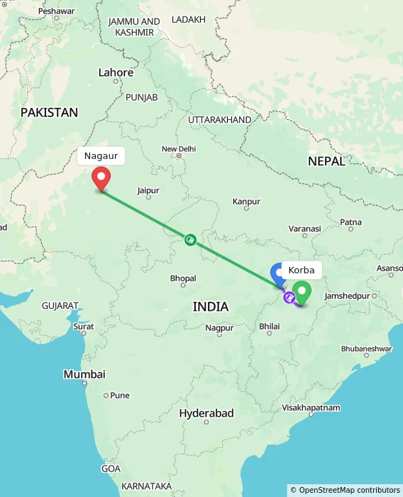 Route map showing distance and travel time from Korba, India to Nagaur, India