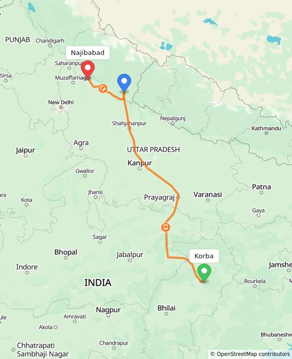 Route map showing distance and travel time from Korba, India to Najibabad, India