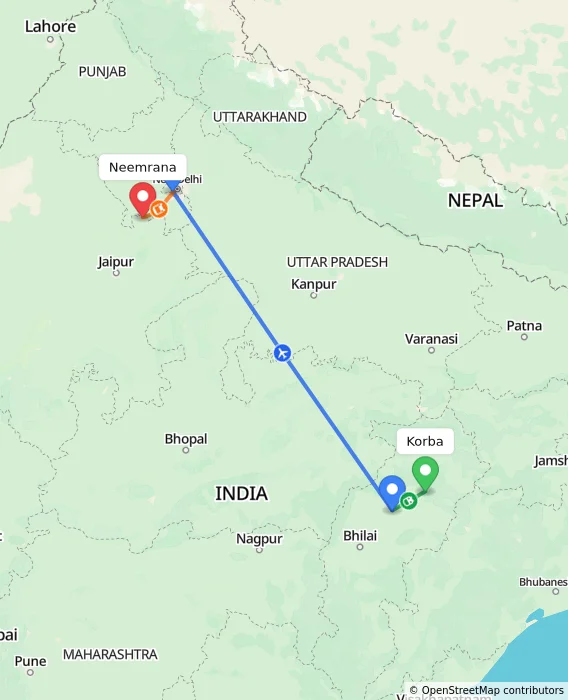 Route map showing distance and travel time from Korba, India to Neemrana, India