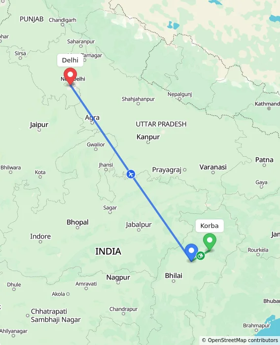 Route map showing distance and travel time from Korba, India to Delhi, India