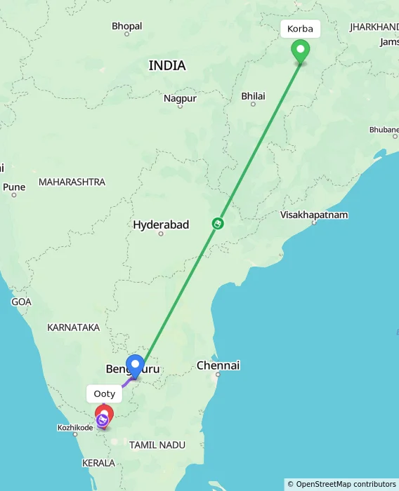 Route map showing distance and travel time from Korba, India to Ooty, India