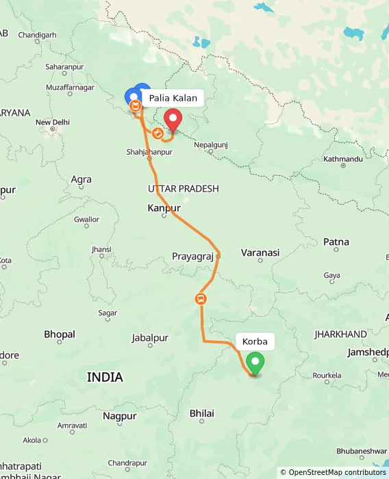Route map showing distance and travel time from Korba, India to Palia Kalan, India