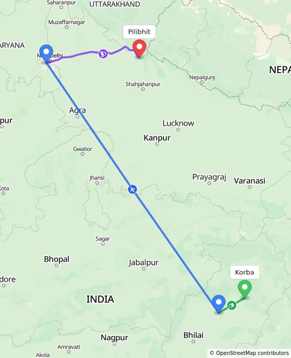 Route map showing distance and travel time from Korba, India to Pilibhit, India