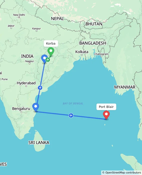 Route map showing distance and travel time from Korba, India to Port Blair, India