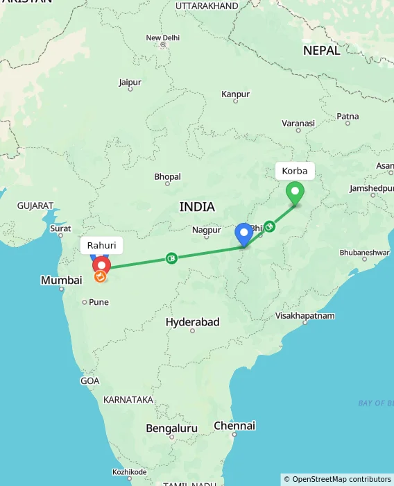 Route map showing distance and travel time from Korba, India to Rahuri, India