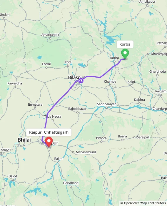 Route map showing distance and travel time from Korba, India to Raipur, Chhattisgarh, India